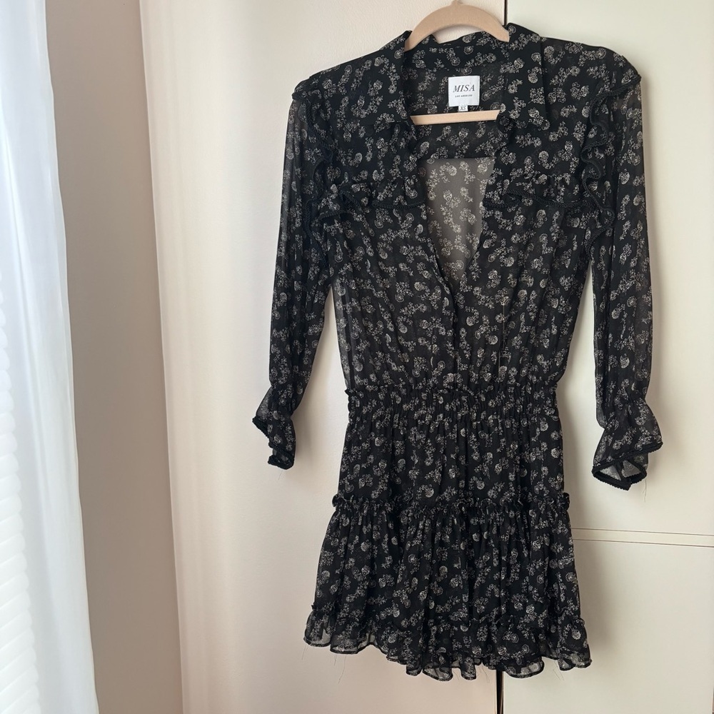 Misa Los Angeles Vittoria Black Floral Ruffle Mini Dress Medium NWOT Valentines